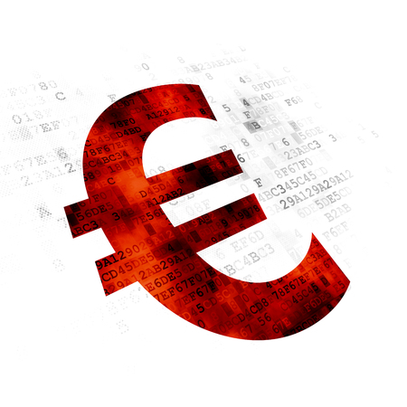 Currency concept: Pixelated red Euro icon on Digital backgroundの写真素材