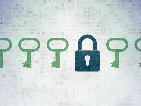 Security concept: row of Painted green key icons around blue closed padlock icon on Digital Data Paper backgroundの写真素材