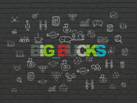 Business concept: Painted multicolor text Big bucks on Black Brick wall background with  Hand Drawn Business Iconsの写真素材