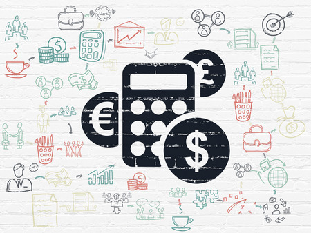 Finance concept: Painted black Calculator icon on White Brick wall background with Scheme Of Hand Drawn Business Iconsの写真素材