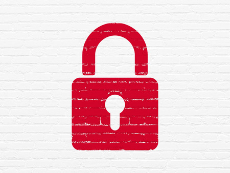 Protection concept: Painted red Closed Padlock icon on White Brick wall backgroundの写真素材