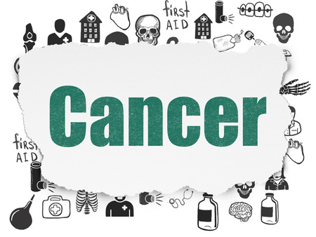 Health concept: Painted green text Cancer on Torn Paper background with  Hand Drawn Medicine Iconsの写真素材