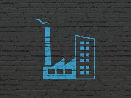 Finance concept: Painted blue Industry Building icon on Black Brick wall backgroundの写真素材