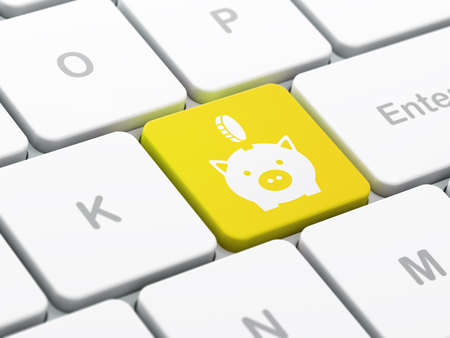 Money concept: computer keyboard with Money Box With Coin icon on enter button background, selected focus, 3D renderingの写真素材