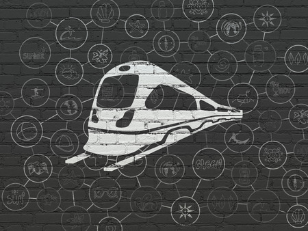 Travel concept: Painted white Train icon on Black Brick wall background with Scheme Of Hand Drawn Vacation Iconsの写真素材