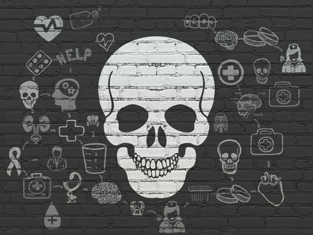 Health concept: Painted white Scull icon on Black Brick wall background with Scheme Of Hand Drawn Medicine Iconsの写真素材