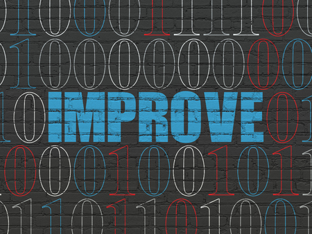 Business concept: Painted blue text Improve on Black Brick wall background with Binary Codeの写真素材