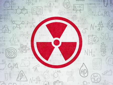 Science concept: Painted red Radiation icon on Digital Data Paper background with  Hand Drawn Science Iconsの写真素材