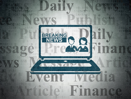 News concept: Painted blue Breaking News On Laptop icon on Digital Data Paper background with  Tag Cloudの写真素材