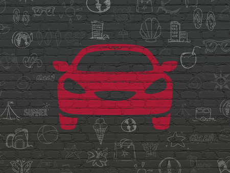 Travel concept: Painted red Car icon on Black Brick wall background with  Hand Drawn Vacation Iconsの写真素材