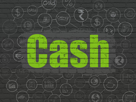 Currency concept: Painted green text Cash on Black Brick wall background with Scheme Of Hand Drawn Finance Iconsの写真素材