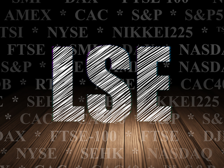 Stock market indexes concept: Glowing text LSE in grunge dark room with Wooden Floor, black background with  Tag Cloudの写真素材