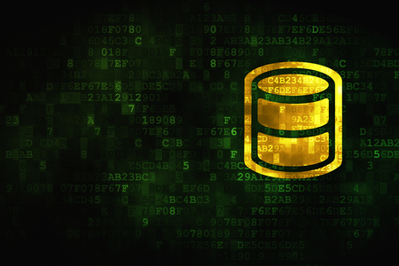 Programming concept: pixelated Database icon on digital background, empty copyspace for card, text, advertisingの写真素材