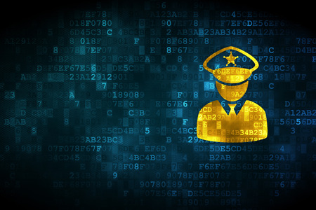 Law concept: pixelated Police icon on digital background, empty copyspace for card, text, advertisingの写真素材