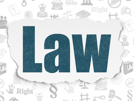 Law concept: Painted blue text Law on Torn Paper background with  Hand Drawn Law Iconsの写真素材