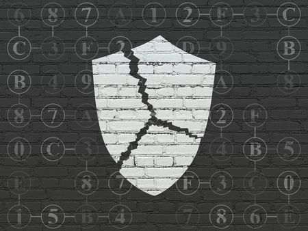 Safety concept: Painted white Broken Shield icon on Black Brick wall background with Scheme Of Hexadecimal Codeの写真素材