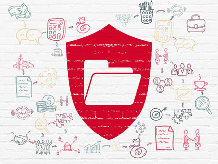 Business concept: Painted red Folder With Shield icon on White Brick wall background with Scheme Of Hand Drawn Business Iconsの写真素材