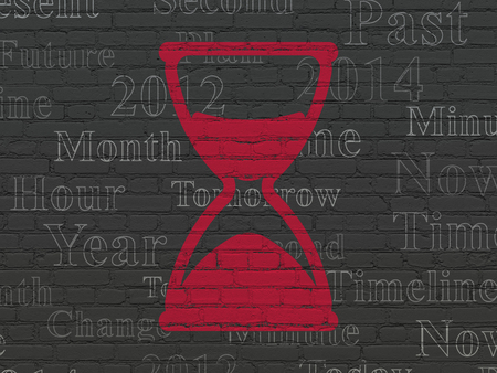 Timeline concept: Painted red Hourglass icon on Black Brick wall background with  Tag Cloudの写真素材