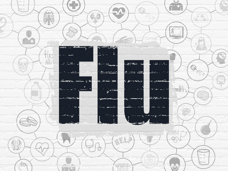 Health concept: Painted black text Flu on White Brick wall background with Scheme Of Hand Drawn Medicine Iconsの写真素材