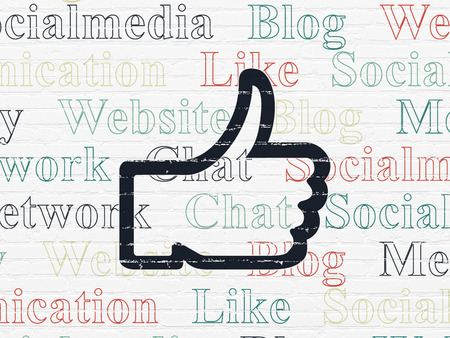 Social media concept: Painted black Thumb Up icon on White Brick wall background with  Tag Cloud
