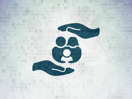 Insurance concept: Painted blue Family And Palm icon on Digital Data Paper backgroundの写真素材