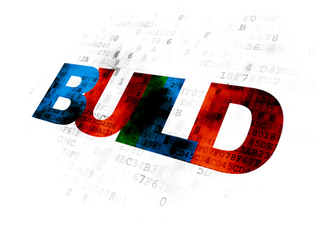 Construction concept: Pixelated multicolor text Build on Digital backgroundの写真素材