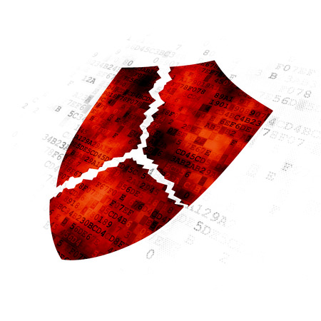 Privacy concept: Pixelated red Broken Shield icon on Digital backgroundの写真素材