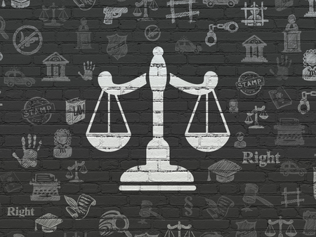 Law concept: Painted white Scales icon on Black Brick wall background with  Hand Drawn Law Iconsの写真素材