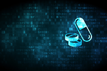 Health concept: pixelated Pills icon on digital background, empty copyspace for card, text, advertisingの写真素材