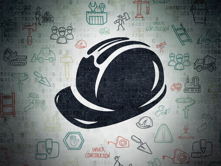 Building construction concept: Painted black Safety Helmet icon on Digital Data Paper background with  Hand Drawn Construction Iconsの写真素材