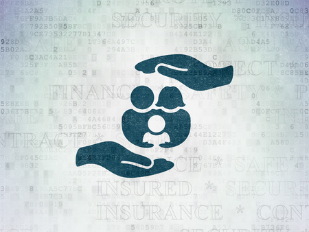 Insurance concept: Painted blue Family And Palm icon on Digital Data Paper background with  Tag Cloudの写真素材