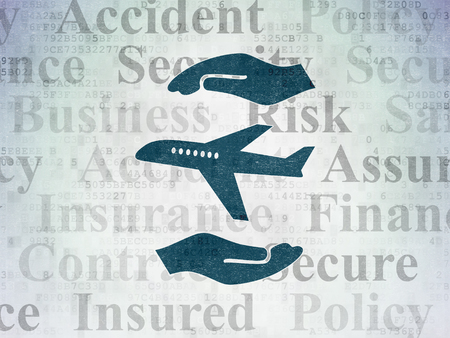 Insurance concept: Painted blue Airplane And Palm icon on Digital Data Paper background with  Tag Cloudの写真素材