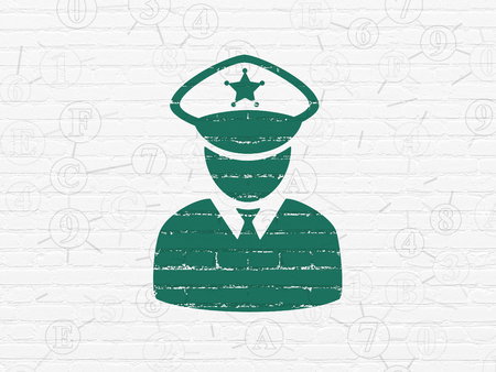 Protection concept: Painted green Police icon on White Brick wall background with Scheme Of Hexadecimal Codeの写真素材