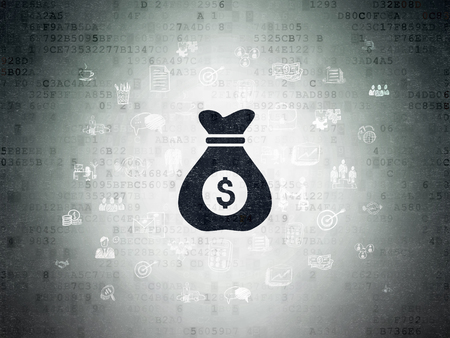 Business concept: Painted black Money Bag icon on Digital Data Paper background with  Hand Drawn Business Iconsの写真素材