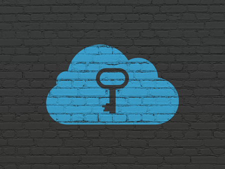 Cloud networking concept: Painted blue Cloud With Key icon on Black Brick wall backgroundの写真素材