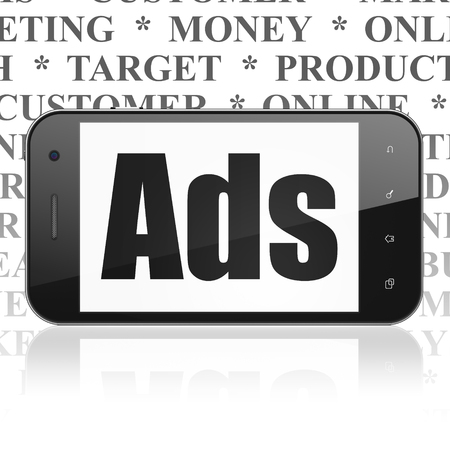 Advertising concept: Smartphone with  black text Ads on display,  Tag Cloud background, 3D renderingの写真素材
