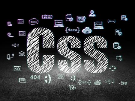 Database concept: Glowing text Css,  Hand Drawn Programming Icons in grunge dark room with Dirty Floor, black backgroundの写真素材