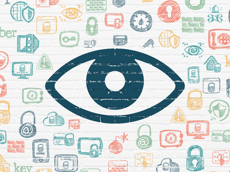 Safety concept: Painted blue Eye icon on White Brick wall background with  Hand Drawn Security Iconsの写真素材