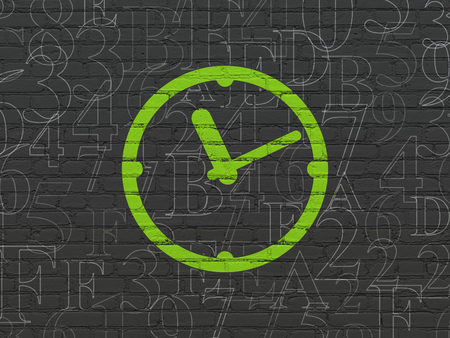 Time concept: Painted green Clock icon on Black Brick wall background with  Hexadecimal Codeの写真素材