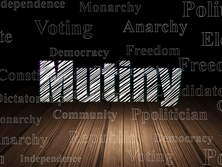 Politics concept: Glowing text Mutiny in grunge dark room with Wooden Floor, black background with  Tag Cloudの写真素材