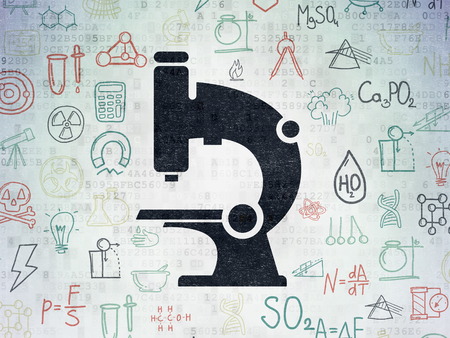 Science concept: Painted black Microscope icon on Digital Data Paper background with  Hand Drawn Science Iconsの写真素材