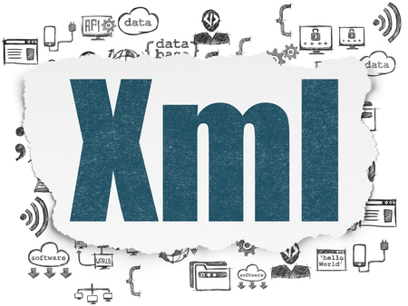 Database concept: Painted blue text Xml on Torn Paper background with  Hand Drawn Programming Icons