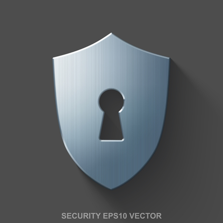 Flat metallic safety 3D icon. Polished Steel Shield With Keyhole icon with transparent shadow on Gray background. EPS 10, vector illustration.のイラスト素材
