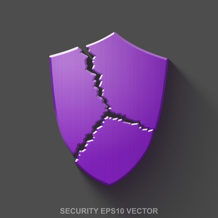 Flat metallic security 3D icon. Purple Glossy Metal Broken Shield icon with transparent shadow on Gray background. EPS 10, vector illustration.のイラスト素材