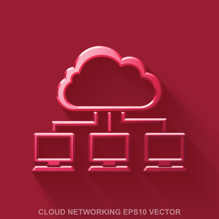 Flat metallic cloud computing 3D icon. Red Glossy Metal Cloud Network icon with transparent shadow on Red background. EPS 10, vector illustration.のイラスト素材