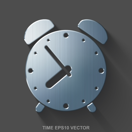Flat metallic time 3D icon. Polished Steel Alarm Clock icon with transparent shadow on Gray background.のイラスト素材