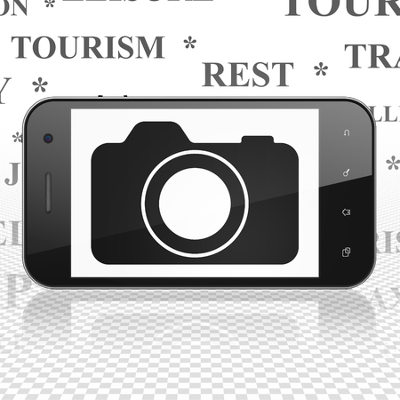 Travel concept: Smartphone with  black Photo Camera icon on display,  Tag Cloud background, 3D renderingの写真素材