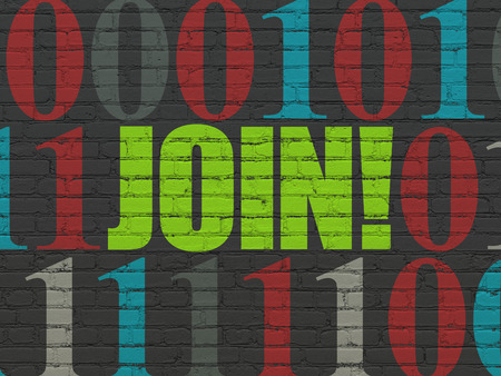 Business concept: Painted green text Join! on Black Brick wall background with Binary Codeの写真素材