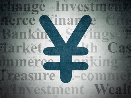 Banking concept: Painted blue Yen icon on Digital Data Paper background with  Tag Cloudの写真素材
