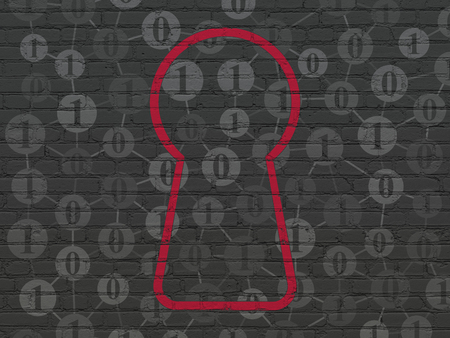 Data concept: Painted red Keyhole icon on Black Brick wall background with Scheme Of Binary Codeの写真素材